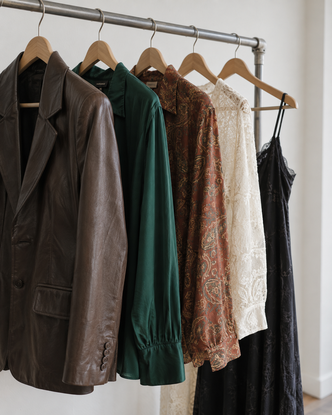 Illustrative rail of vintage leather, silk, prints and lace